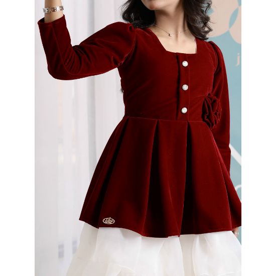 صورة فستان بناتي مخمل عنابي وتنورة تل | فستان شتوي بطبقات - 1105